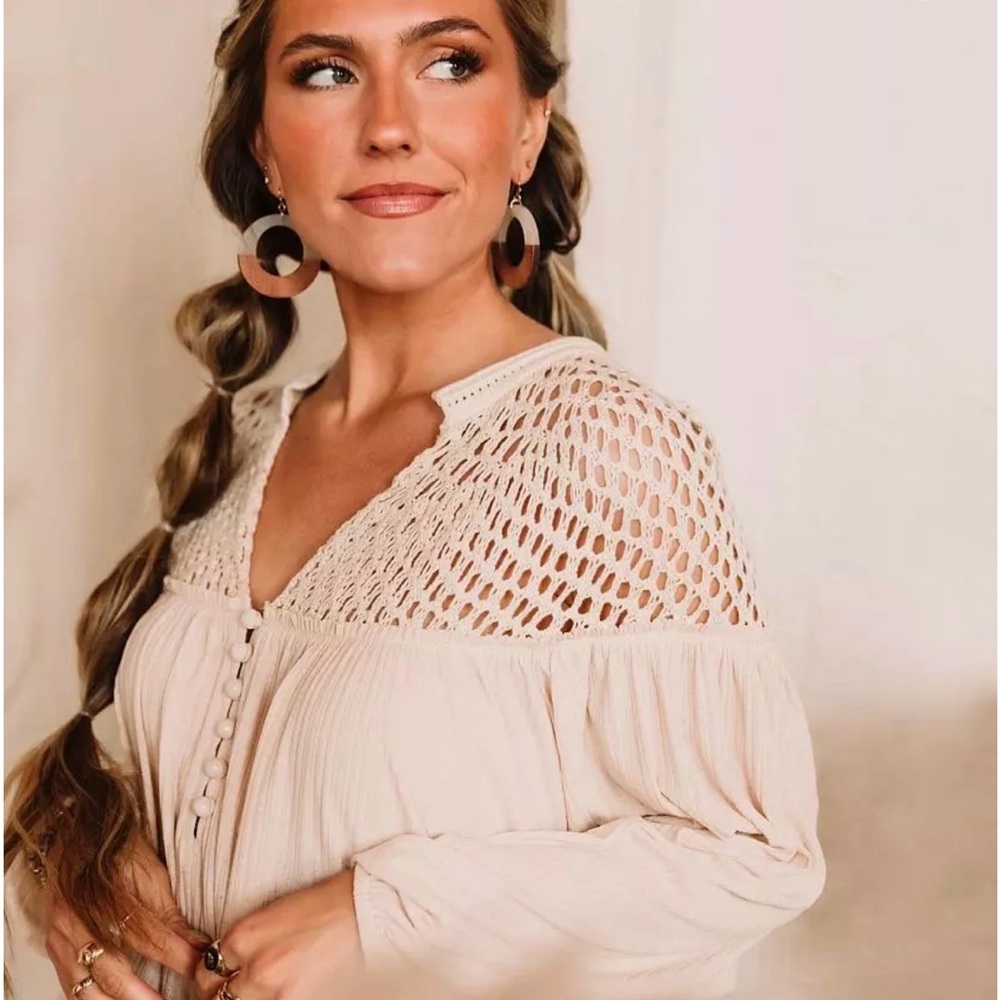 Gimmicks by BKE Crochet Yoke Henley Peasant Top